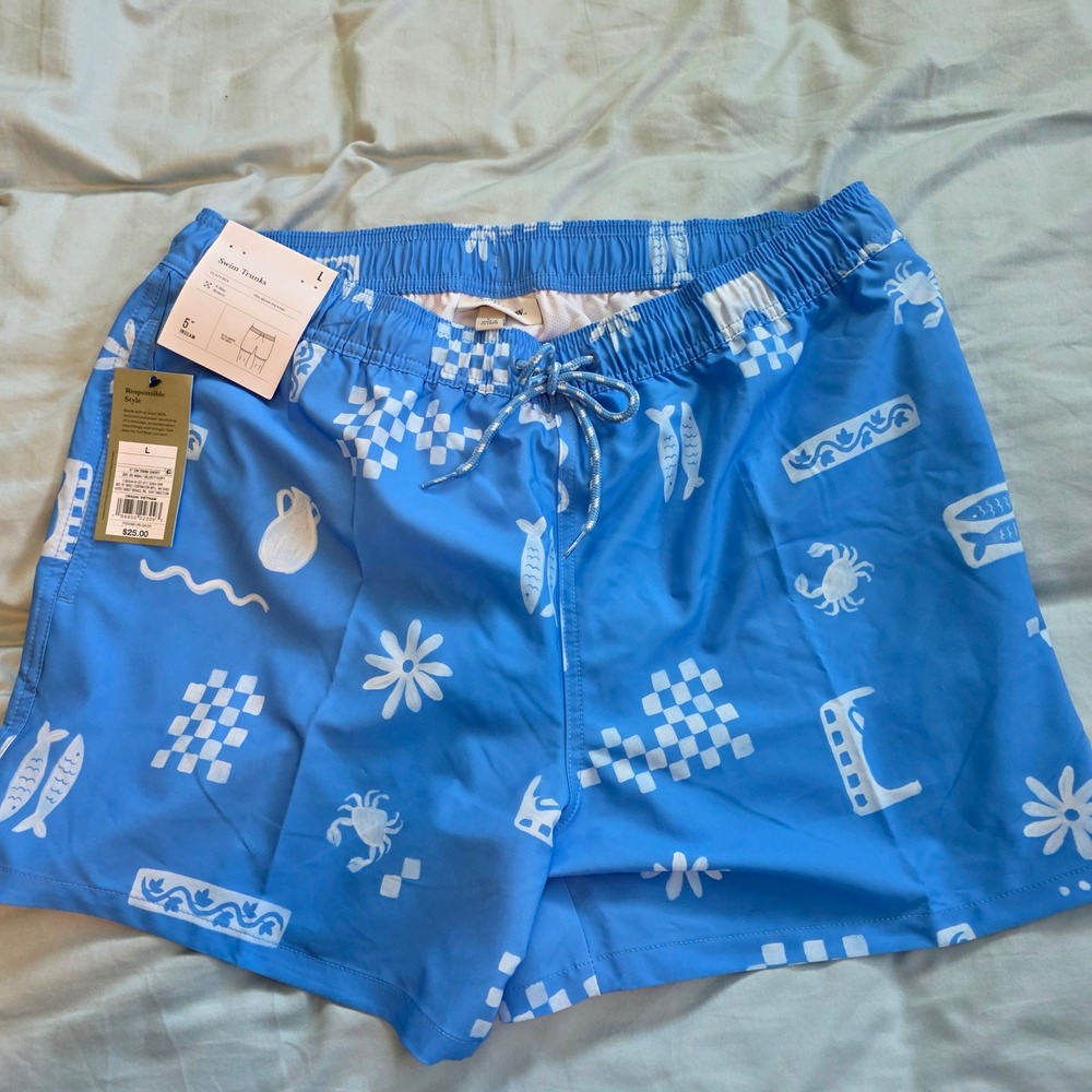 Goodfellow & Co Mens 5" Inseam Swim Trunks Blue Mediterranean Print Large NWT